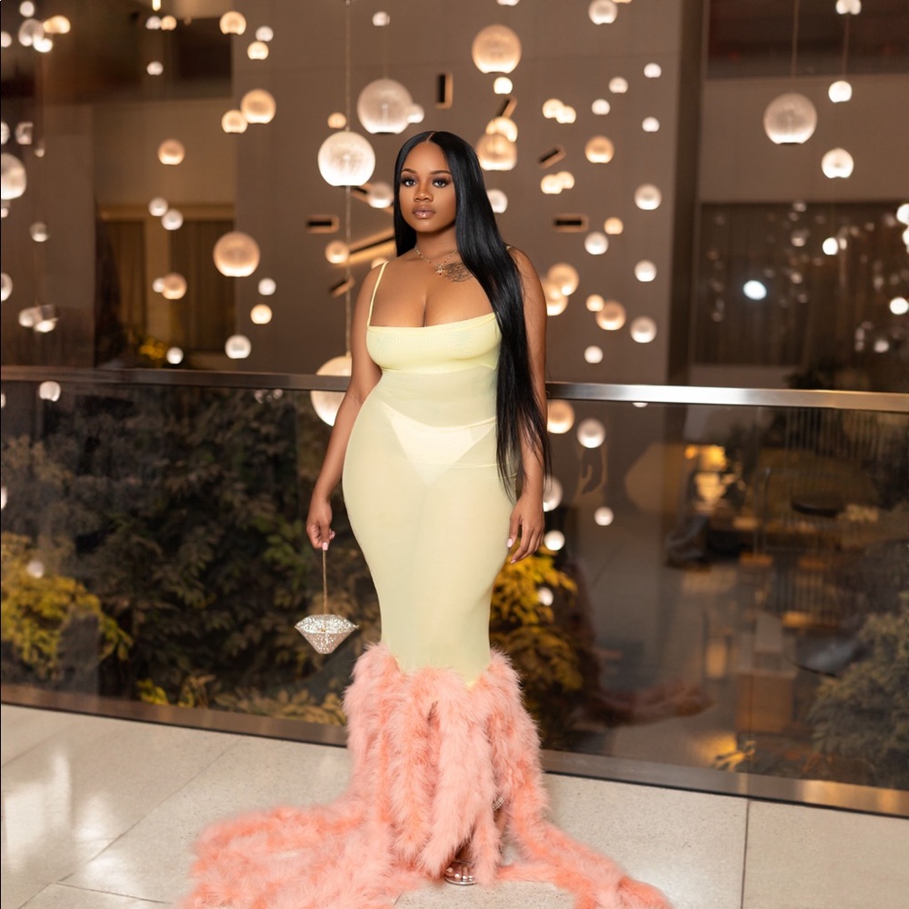 Yellow Bodycon Dress W/ Peach Train Attached